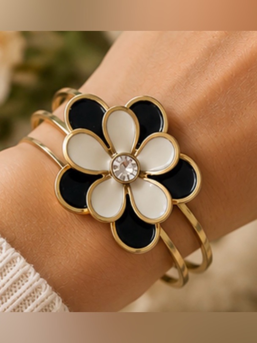 Vintage Gold Floral Hinge Clamper Bracelet with Black and White Enamel